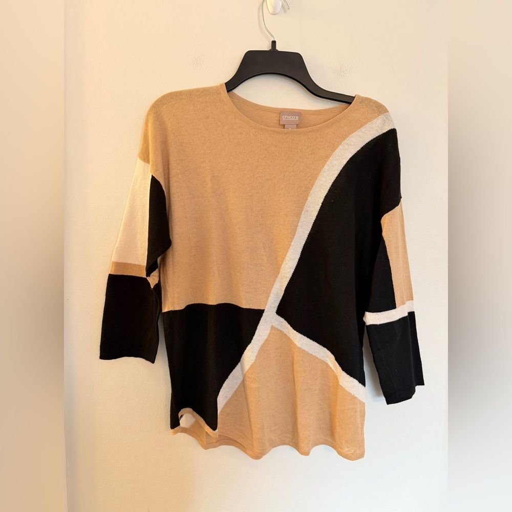 Chicos Linen Blend Tan & Black Abstract Long Sleeve Sweater - Size Medium